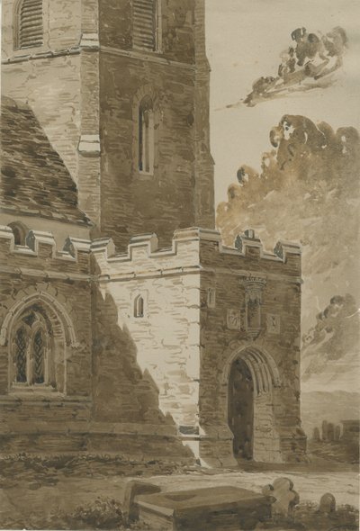 Lichfield - Pórtico Norte de la Iglesia de San Miguel: dibujo en sepia rojo oscuro, nd [9 Sep 1842] de Allen Edward Everitt