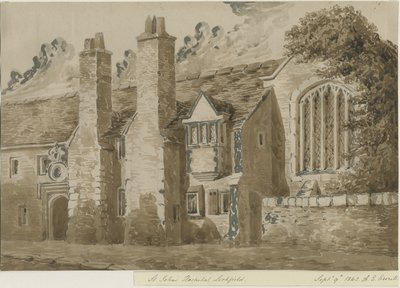 Lichfield - Hospital y Capilla de San Juan: dibujo en sepia roja, 9 de septiembre de 1842 de Allen Edward Everitt