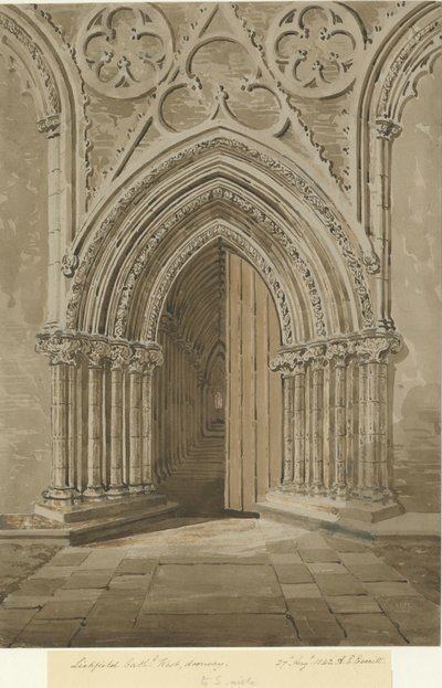 Catedral de Lichfield - Puerta Oeste: dibujo en sepia rojo/marrón de Allen Edward Everitt