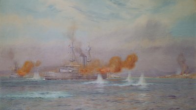 H.M.S. Albion comandado por el Capitán A. Walker-Heneage completando la destrucción de los fuertes exteriores de los Dardanelos en 1915, 1925 de Alma Claude Burlton Cull
