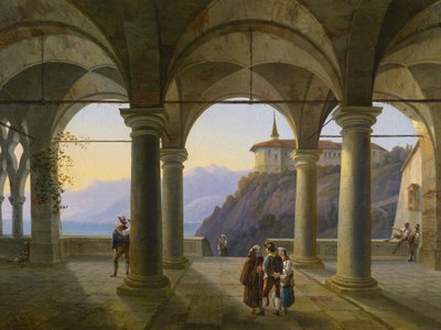 Terraza con Columnas con Figuras y Vista de un Lago de Montaña de Alois Gustav Schulz
