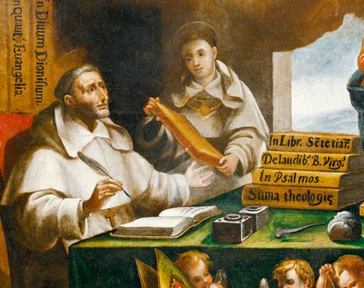 San Alberto Magno y Santo Tomás de Aquino, detalle, San Pablo se aparece a San Alberto Magno y Santo Tomás de Aquino, de Alonso Antonio Villamor (1661-1729). Convento de San Esteban, Salamanca. de Alonso Antonio Villamor