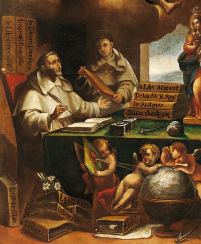 San Alberto Magno y Santo Tomás de Aquino, detalle, San Pablo se aparece a San Alberto Magno y Santo Tomás de Aquino, de Alonso Antonio Villamor (1661-1729) . Convento de San Esteban, Salamanca. de Alonso Antonio Villamor