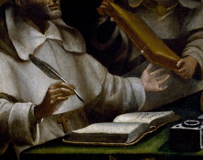 Las manos de San Alberto mientras escribe, detalle de San Pablo apareciendo a San Alberto Magno y Santo Tomás de Aquino, pintura de Alonso Antonio Villamor (1661-1729), detalle de Alonso Antonio Villamor