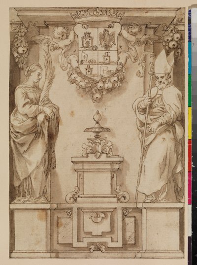 Diseño para una página de título con dos santos en pedestales y un escudo de armas español imaginario de Alonso Cano