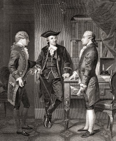 Johann Henry Jules Alexandre von Robaii, Barón de Kalb presentando a Lafayette a Silas Deane, de Life and Times of Washington, Volumen 1, pub. en 1857 de Alonzo (after) Chappel