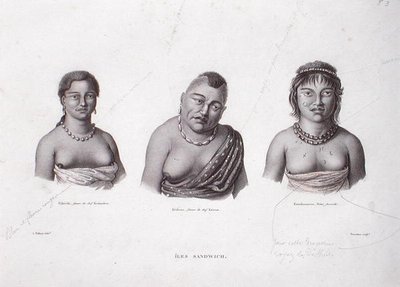 Esposas de los jefes hawaianos de las Islas Sandwich, c.1824 (grabado) de Alphonse (after) Pellion