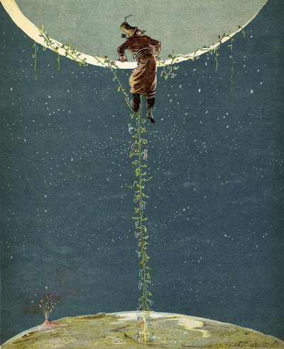 El barón Munchausen sube a la luna por medio de una planta de frijol turco, de 