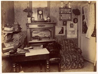 Asesinato de la viuda Bertrand ... Vista del camerino después del crimen de Alphonse Bertillon