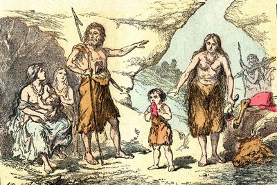 Una familia en la era de los renos (Prehistoria): Creación natural y seres vivos. Dibujo A. Demarle. 1885 de Alphonse Demarle