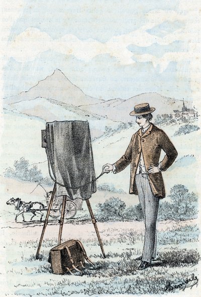 Afición de la alta sociedad y la burguesía: la práctica de la fotografía en aficionado (fotógrafo aficionado) Grabado de "Las necesidades de la vida" de Rengade de Alphonse Demarle