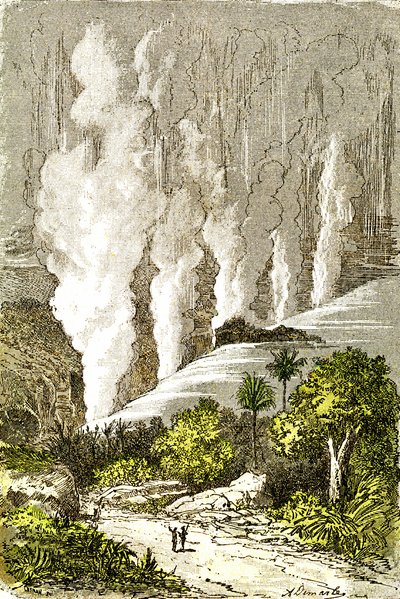 Prehistoria- Cataratas de Zambeze: Creación natural y seres vivos. Dibujo de A. Demarle. 1885 de Alphonse Demarle