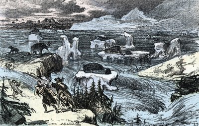 Prehistoria; inundaciones en Europa Central al final de la Edad de Hielo Grabado de "Nature and Man" de Rengade 1881 Colección particular de Alphonse Demarle