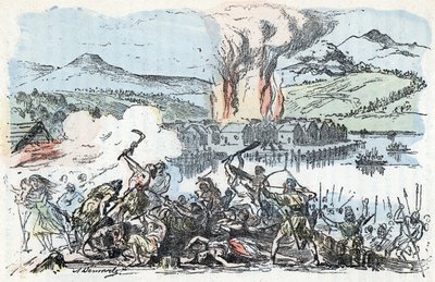 Prehistoria: escena de guerra al principio de la edad de hierro, incendio de los asentamientos de zancos Grabado de "La nature et l