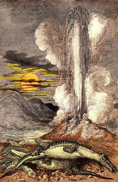 Erupciones venenosas de aguas termales en el período Triásico. Creación y seres vivos (por Jules Rengade). Dibujo de A. Demarle. 1885 de Alphonse Demarle