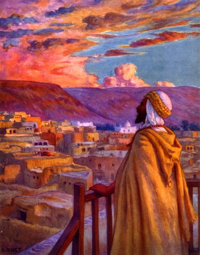 Muecín llamando a los fieles a la oración en un pueblo del desierto. por Nasreddine Dinet (Alphonse-Étienne Dinet). 1861 1929. pintor orientalista francés 1918 de Alphonse Etienne Dinet