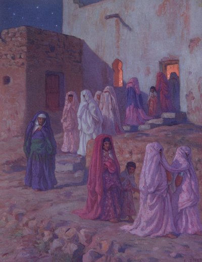 Musulmanes saliendo de la mezquita del pueblo en la víspera de Mouled, ilustración de una historia de la vida del Profeta Mahoma, publicada en París en 1918 de Alphonse Etienne Dinet