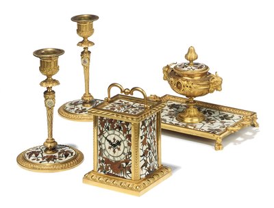 Juego de escritorio de cuatro piezas de Napoleón III, marquetería de Duvinage y Harinckouk, c.1877 de Alphonse Gustave Giroux