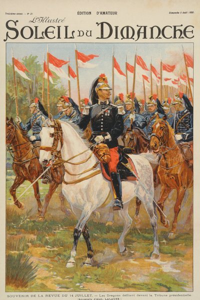 Revisión del 14 de julio, desfile del regimiento Dragón frente a la tribuna presidencial, ilustración de la portada de 