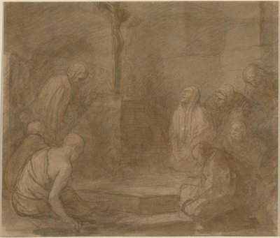 Al pie de la cruz (pluma y tinta marrón con aguada marrón sobre grafito sobre papel verjurado) de Alphonse Legros