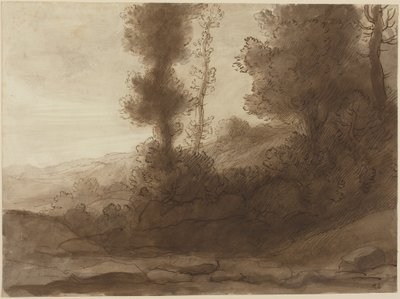 Al pie de la colina (pluma y tinta marrón con aguada marrón sobre papel verjurado) de Alphonse Legros