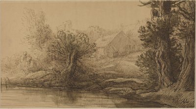 Orilla de un río (pluma y tinta marrón con aguada marrón sobre cartón) de Alphonse Legros