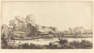 Granja a lo largo del río vista por la luz de la tarde de Alphonse Legros