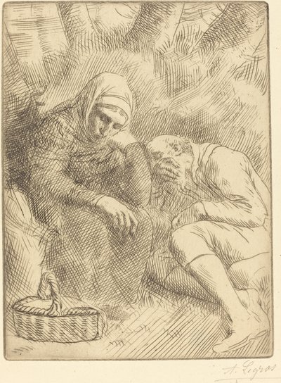 Hombre y Mujer Sentados al Borde del Camino con una Cesta de Alphonse Legros