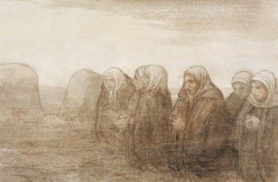 Seis campesinas rezando en un campo de otoño de Alphonse Legros