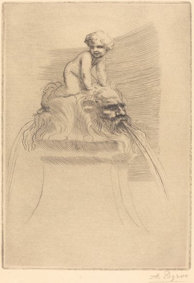 Pequeña fuente, niño jugando sobre grotescos Petite fontaine, enfant qui joue sur des masques de Alphonse Legros
