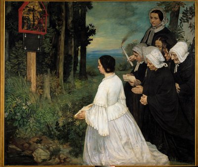 El exvoto. Mujeres (¿con trajes tradicionales bretones?) reunidas frente a un exvoto de Alphonse Legros