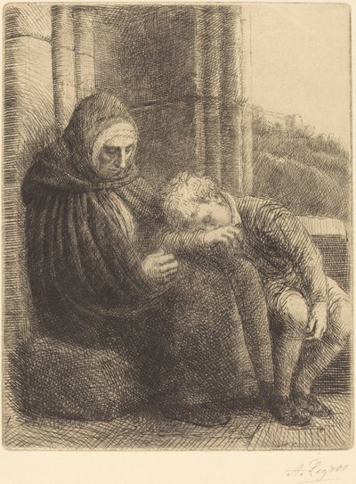 Mujer Sentada contra una Pared, Niño con la Cabeza en su Regazo de Alphonse Legros
