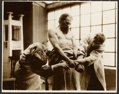 [Tres modelos posan para el "grupo simbólico" en el cuadro "La fiesta de San Vito en Rügan", del "Ciclo épico de los eslavos, Zbiroh, Bohemia"]. de Alphonse Maria Mucha