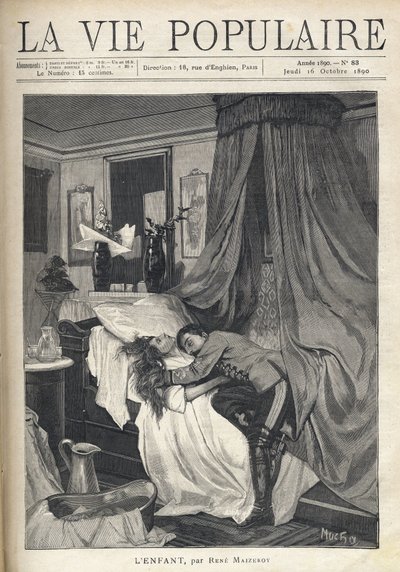 Un soldado desesperado abrazando el cadáver de una mujer acostada en una cama. Ilustración de Alfons Maria Mucha (Alphonse Marie Mucha) de Alphonse Mucha