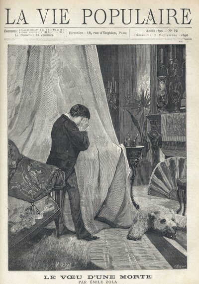 Un hombre llora, escondiendo sus lágrimas y su rostro en un pañuelo, de pie detrás del dosel de una cama, en un dormitorio ricamente decorado, con piel de oso, cojines bordados, abanico y varios jarrones y candelabros. Ilustración de Alfons Maria Mucha (Al de Alphonse Mucha