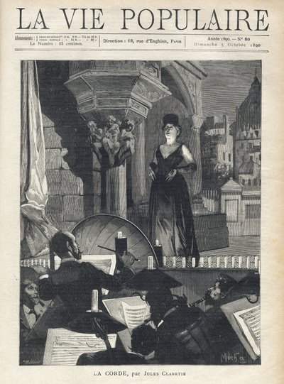 Un cantante, en el escenario, enfrenta a la orquesta en el foso, los músicos y el director en plena actuación. Ilustración de Alfons Maria Mucha (Alphonse Marie Mucha) de Alphonse Mucha
