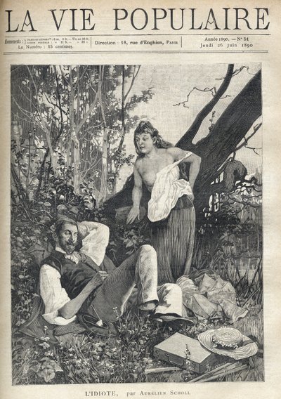 Una joven, despeinada, desnuda, con el pecho aparente, se inclina con confianza y diversión hacia un pintor acostado, durmiendo en medio de la naturaleza, con chaqueta, sombrero, material y pipa esparcidos en el suelo. Ilustración de Alfons Maria Mucha (Al de Alphonse Mucha