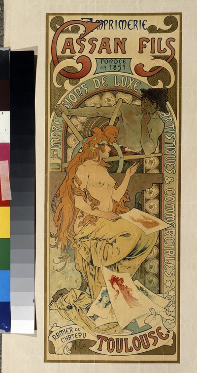Cartel publicitario para la imprenta ""Cassan Fils, imprenta de lujo, artística y comercial"" en Toulouse. Cartel de Alfons Maria Mucha (Alphonse Marie Mucha de Alphonse Marie Mucha