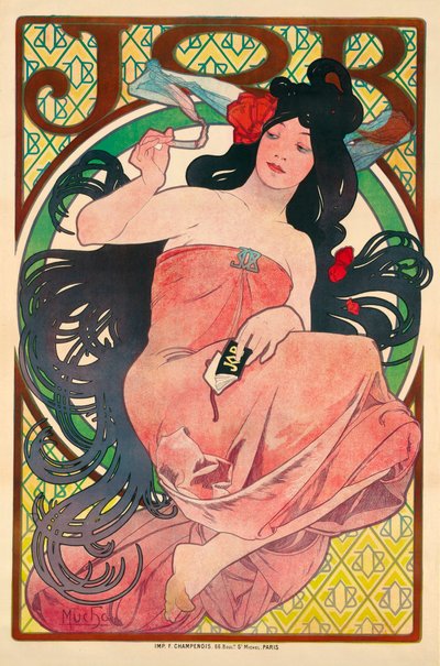 Affiche publicitaire pour le papier a cigarette Job - Cartel publicitario para el trabajo de papel tisú - Dibujo de Mucha, Alfons (Alphonse) Marie (1860-1939), Litografía en color 1896 (51,5x39 cm) - Colección privada de Alphonse Marie Mucha