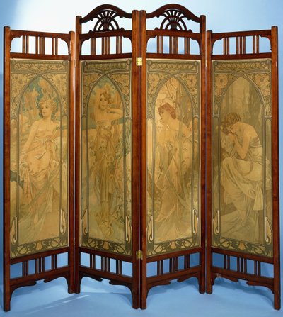 Una pantalla Art Nouveau, los paneles decorados con la serie Las horas del día, que comprende Despertar de la mañana, Esplendor del día, Ensueño de la tarde y Reposo de la noche, 1899 de Alphonse Mucha