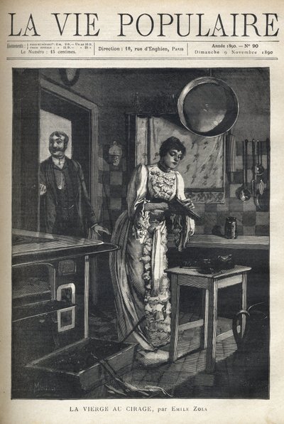 Una mujer elegante encera un zapato en la cocina de una casa. Un hombre abre la puerta detrás de ella. Ilustración de Alfons Maria Mucha de Alphonse Mucha