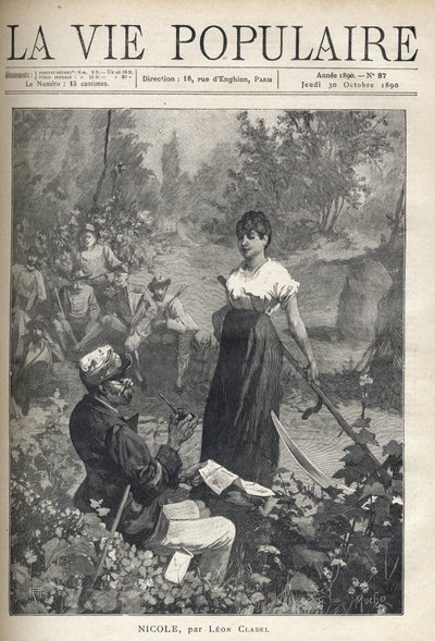 Un anciano lee una carta a una hermosa joven campesina que sostiene una hoz. Cazadores observan la escena a lo lejos. Ilustración de Alfons Maria Mucha de Alphonse Mucha