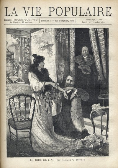Un anciano sorprende una escena galante: un hombre arrodillado frente a una mujer elegante le coloca un brazalete en la muñeca. Ilustración de Alfons Maria Mucha (Alphonse Marie Mucha) de Alphonse Mucha