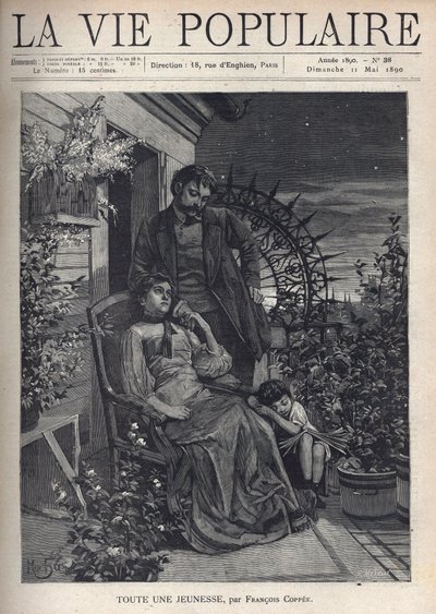 De noche, en un balcón floreado, una familia se reúne alrededor de la madre sentada en un sillón, sosteniendo la mano de su esposo que está de pie detrás de ella, ambos lucen tristes y abatidos. A sus pies, con la cabeza apoyada en su madre, un niño sentad de Alphonse Mucha