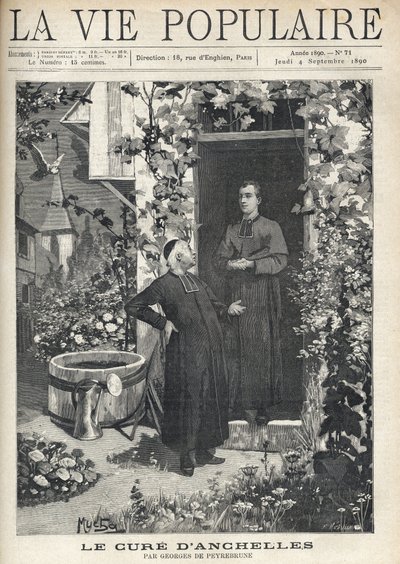 A la entrada del presbiterio, un tratamiento se dirige a una persona más joven. El jardín está muy florecido, equipado con un tanque y una regadera, al fondo se puede ver el campanario del pueblo. Ilustración de Alfons Maria Mucha (Alphonse Marie Mucha) de Alphonse Mucha