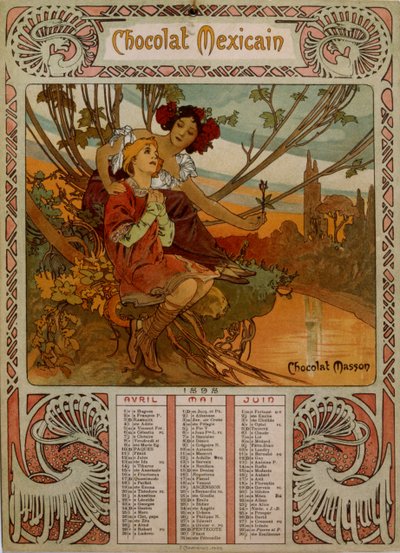 Calendario de Chocolate Masson ilustrado por Mucha (1860 – 1939). un pintor checo del Art Nouveau de Alphonse Mucha