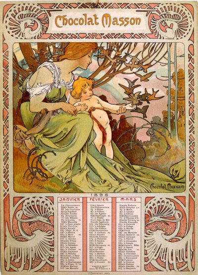 Calendario de Chocolate Masson ilustrado por Mucha (1860-1939), un pintor checo del Art Nouveau de Alphonse Mucha