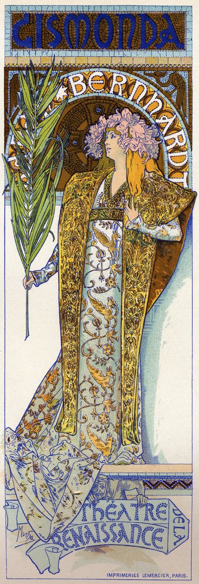 Entretenimiento. Gismonda, obra de Victorien Sardou con Sarah Bernhardt en el Teatro del Renacimiento, París. Cartel de Mucha, Francia de Alphonse Marie Mucha