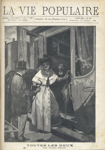 Despedida entre un hombre y una mujer subiendo a un tren en el andén de una estación. Ilustración de Alfons Maria Mucha (Alphonse Maria Mucha) de Alphonse Mucha