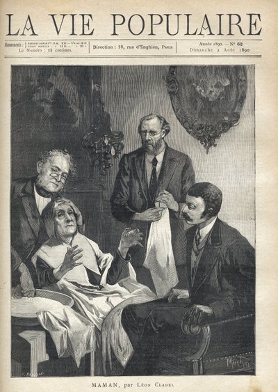 En una sala de estar, una anciana sentada con la cabeza sostenida por un doctor, con las manos abiertas frente a ella, espera a un segundo doctor, de pie a su lado, limpiando un instrumento con un paño blanco, para operarla de cataratas. Sentada frente a e de Alphonse Mucha
